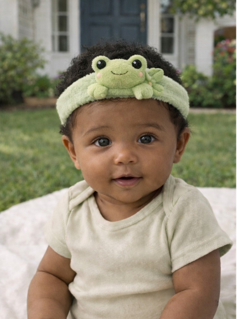 Smiley Frog Baby Headband with White Flower – Soft Plush Stretch Band for Infants