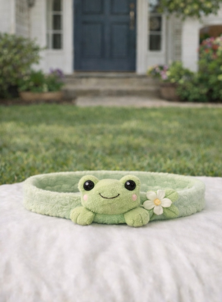 Smiley Frog Baby Headband with White Flower – Soft Plush Stretch Band for Infants