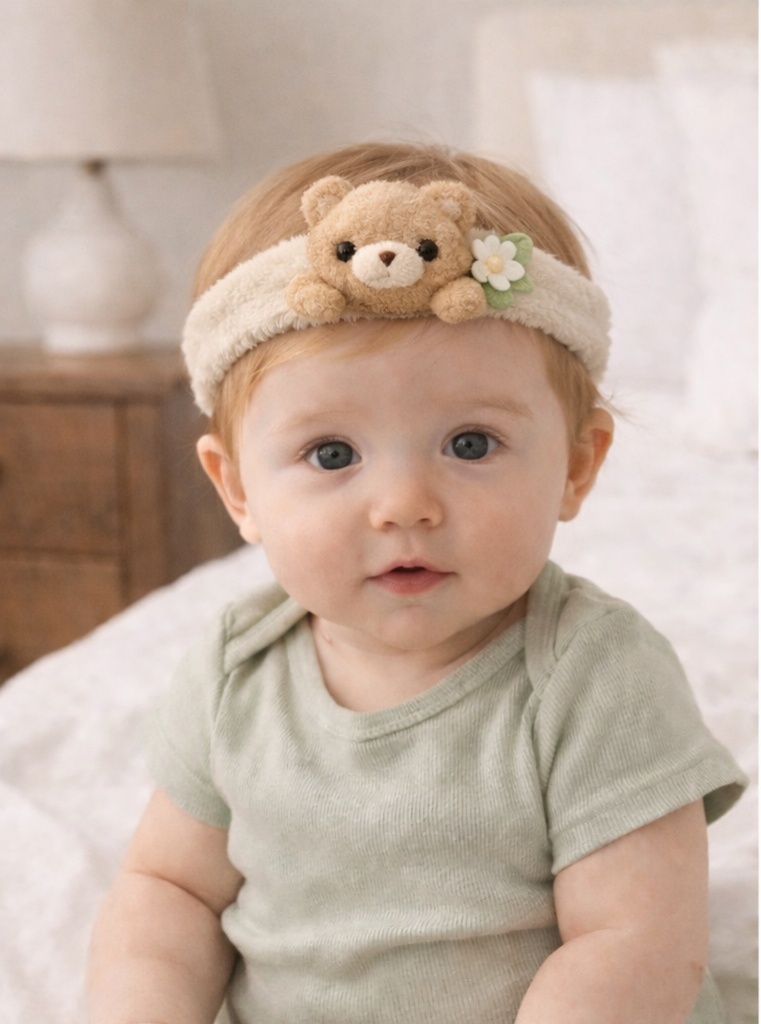 ぬいぐるみのクマ付きベビーヘアバンド – 柔らかくて伸縮性のある快適デザイン