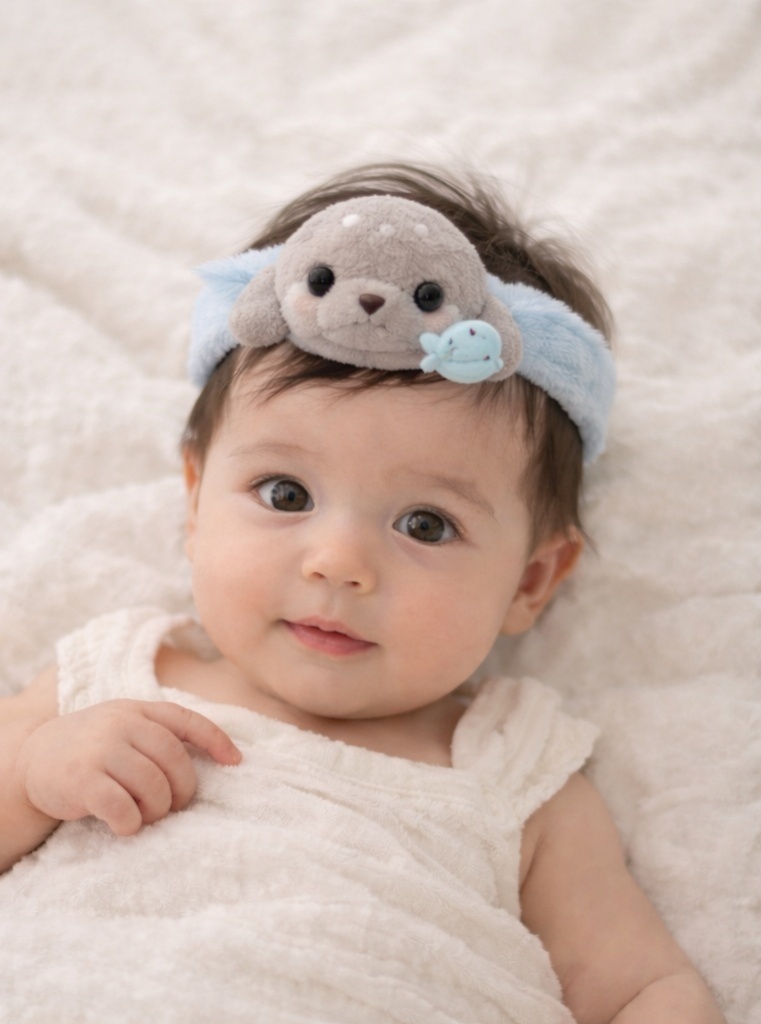 Plüsch Seehund Baby-Stirnband mit Fisch – Weiches und Dehnbares Meeresdesign für Neugeborene