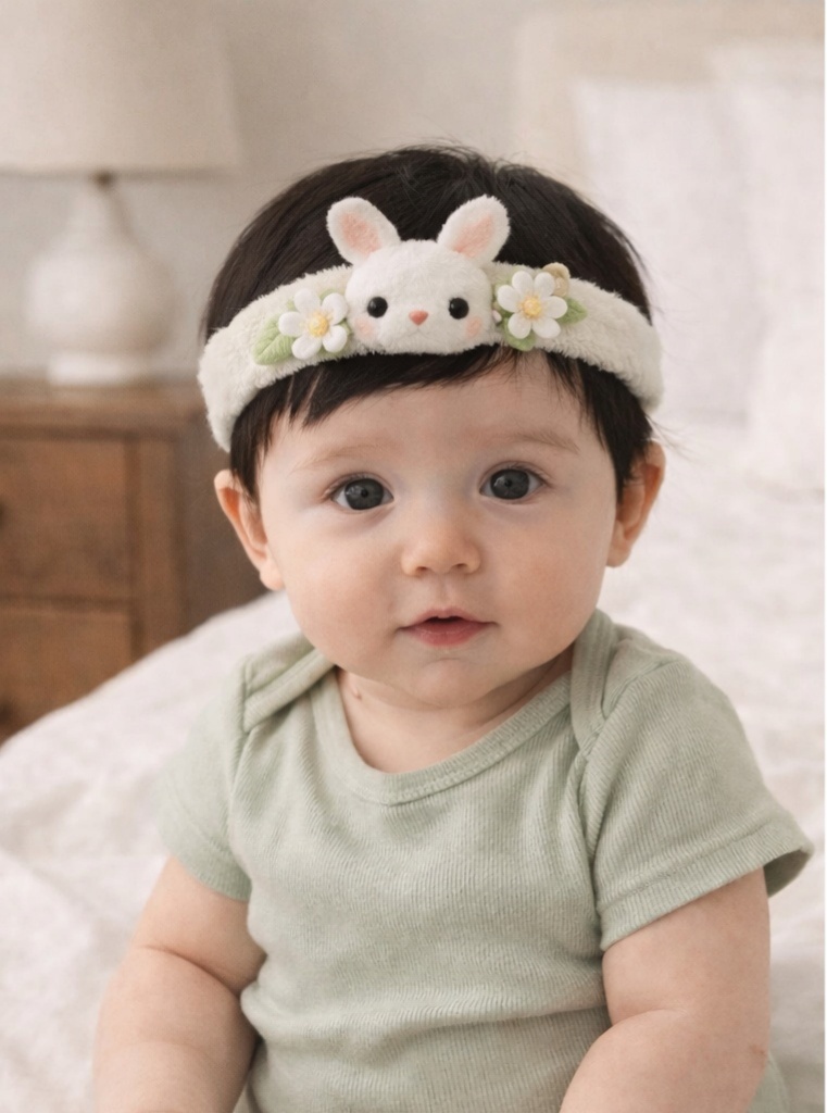 Cinta para bebé con conejito de peluche y flores – Banda elástica suave y adorable para recién nacidos