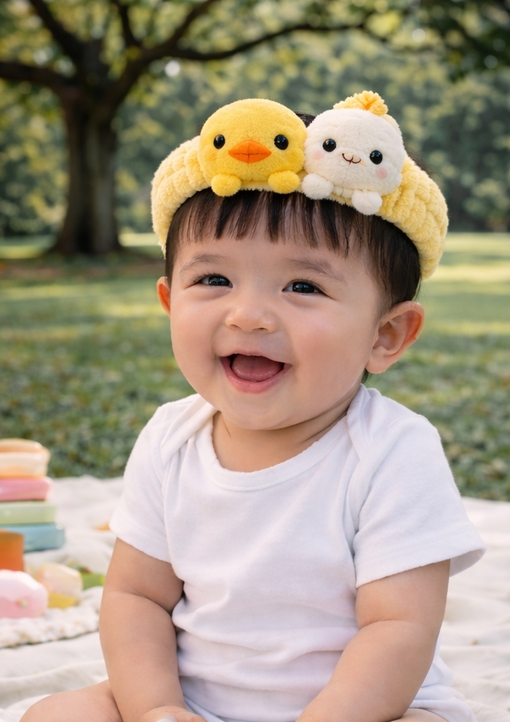 Plyšová čelenka pro miminko s dvěma kačátky – Měkký a roztomilý doplněk pro novorozence