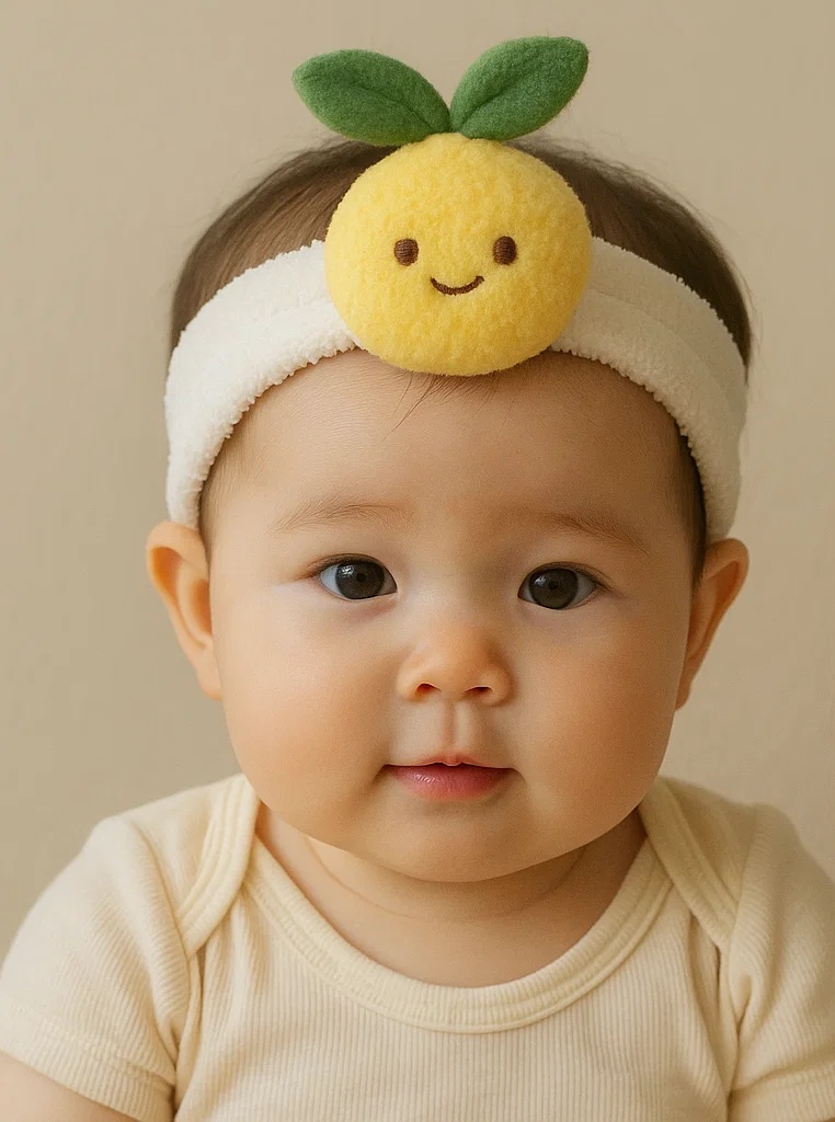 Sunny Lemon Buddy Baby Headband – Smiley Citrus Plush Accessory