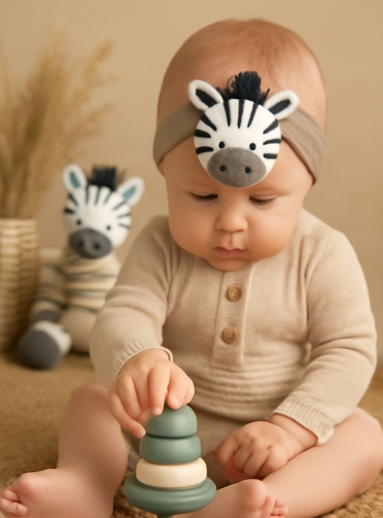 Bandeau bébé style cartoon, avec tête de zèbre, idéal pour les bébés de 0 à 3 ans