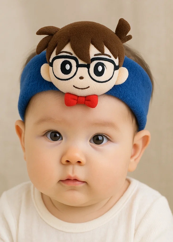 Detective-Inspired Plush Baby Headband – Blue Cartoon Style with Bow Tie