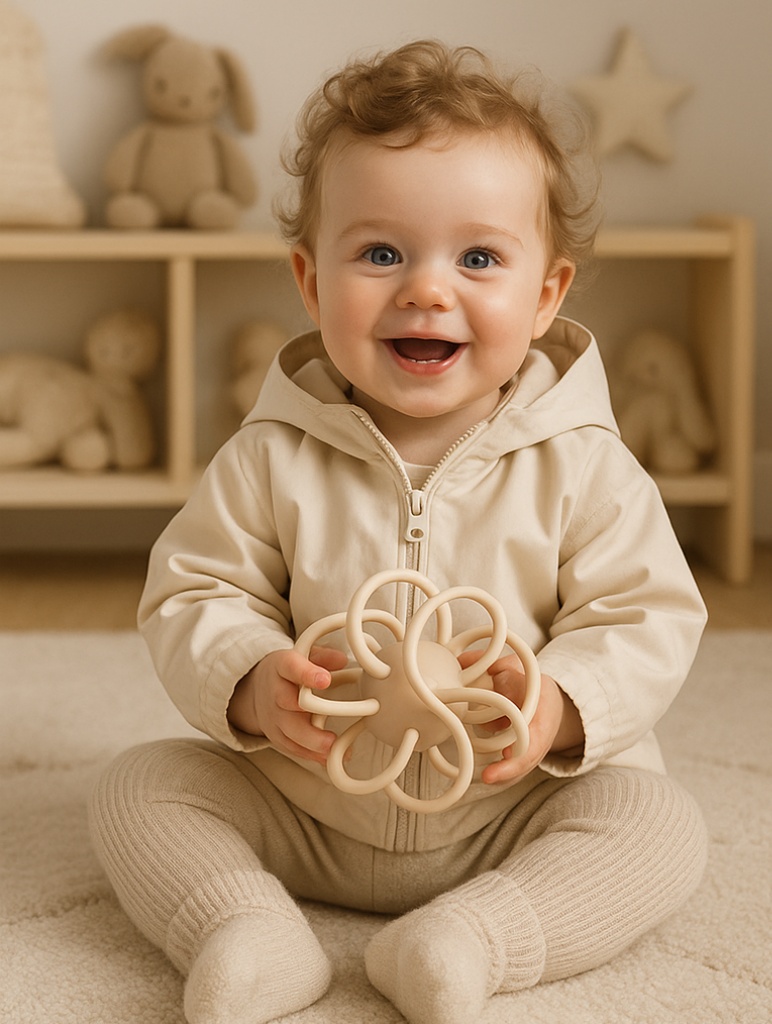 Cream Beige Baby Sensory Ball – Soft Silicone Teether for Minimalist Homes