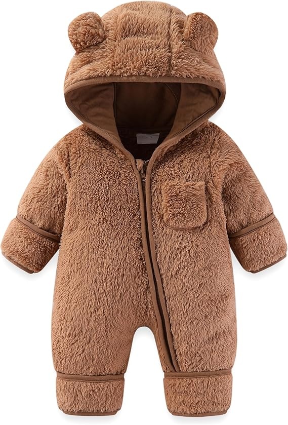 Thick Fleece Baby Romper with Bear Hood – Warm, Durable & Zippered for Cold Seasons