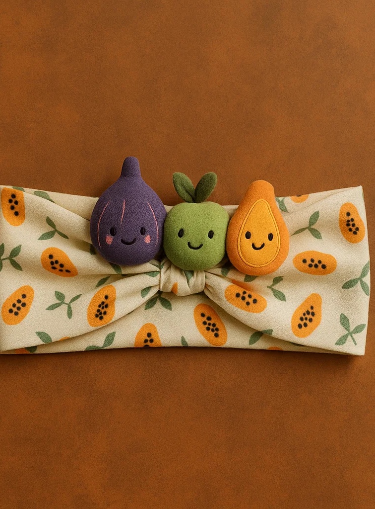 Le Défilé de Fruits sur la Tête de Bébé – Feuille de Figue, Pomme Verte et Papaye, Bandeau Enjoué en Peluche!