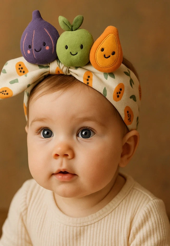 Le Défilé de Fruits sur la Tête de Bébé – Feuille de Figue, Pomme Verte et Papaye, Bandeau Enjoué en Peluche!