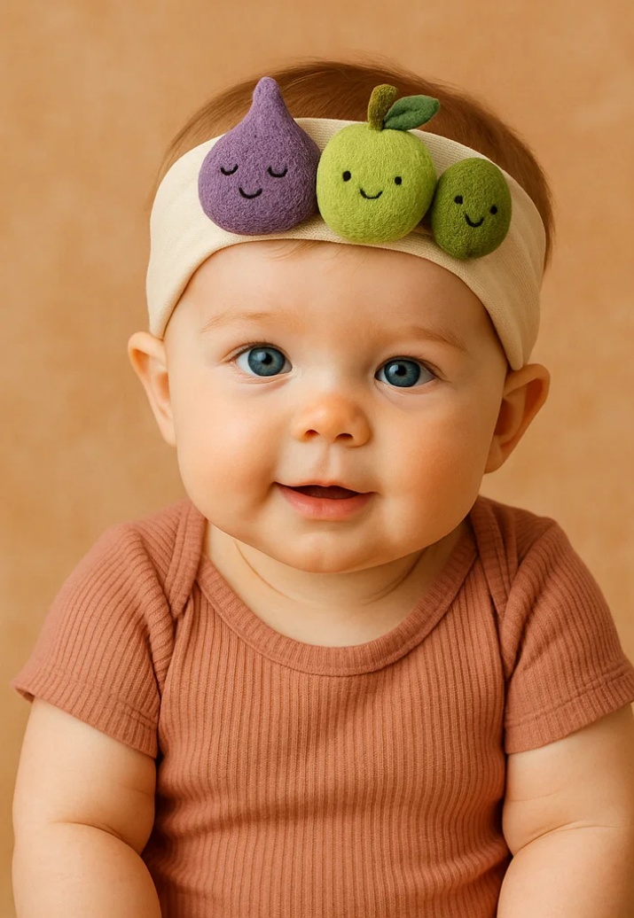 Fruité et Fabuleux – Bandeau Enjoué en Peluche avec Feuille de Figue, Pomme Verte et Olive pour Bébé!