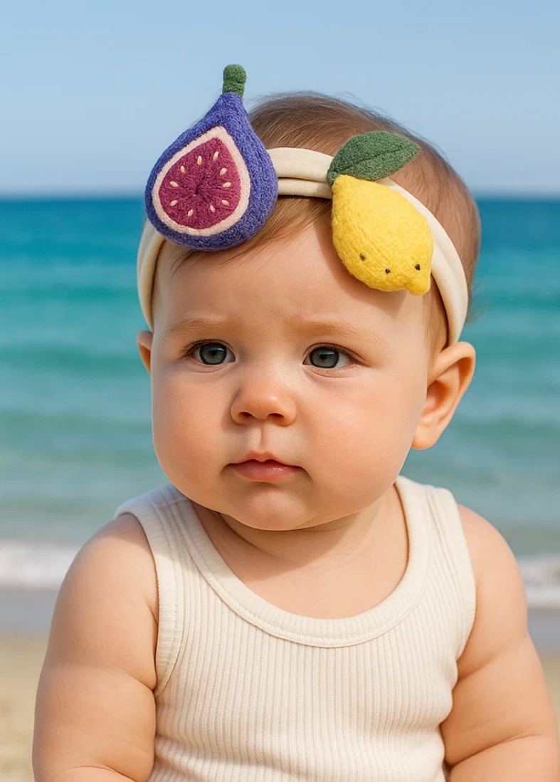 Bandeau pour bébé avec jouets en peluche figue et citron jaune