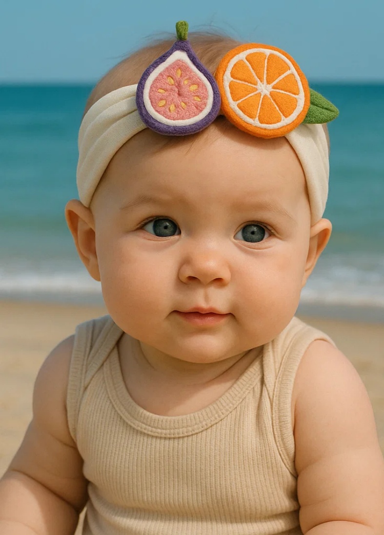 Bandeau pour bébé avec jouets en peluche figue et orange