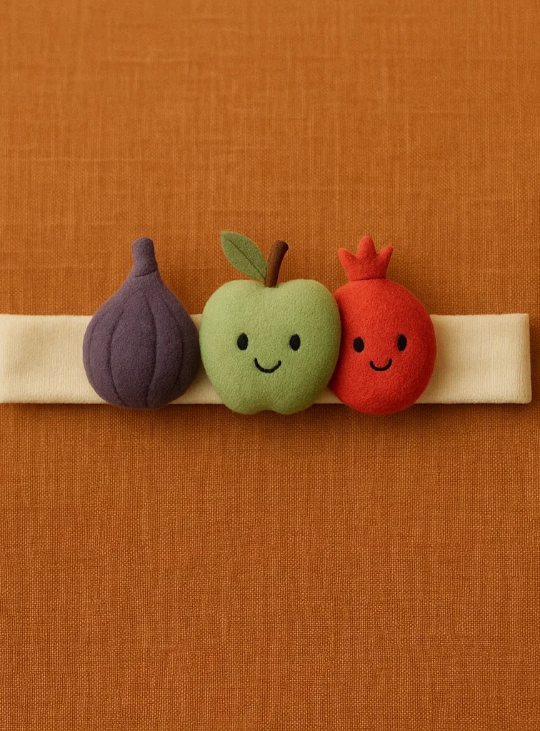 Fruité et Fabuleux – Bandeau Enjoué en Peluche avec Feuille de Figue, Pomme Verte et Grenade pour Bébé!