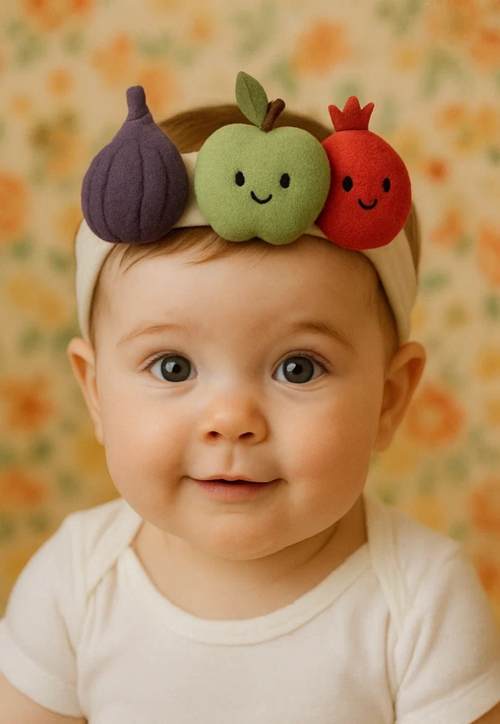 Fruité et Fabuleux – Bandeau Enjoué en Peluche avec Feuille de Figue, Pomme Verte et Grenade pour Bébé!