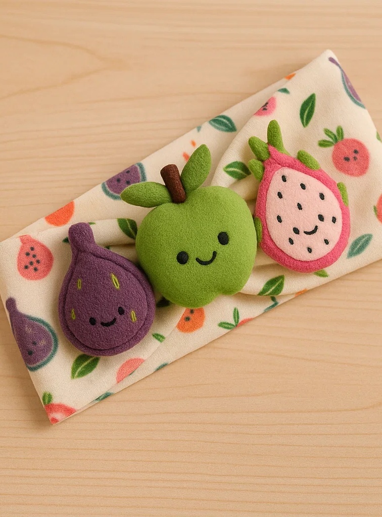 Diversão Frutal na Cabeça do Seu Bebê – Bandeau de Pelúcia com Figo, Maçã Verde e Fruta do Dragão!