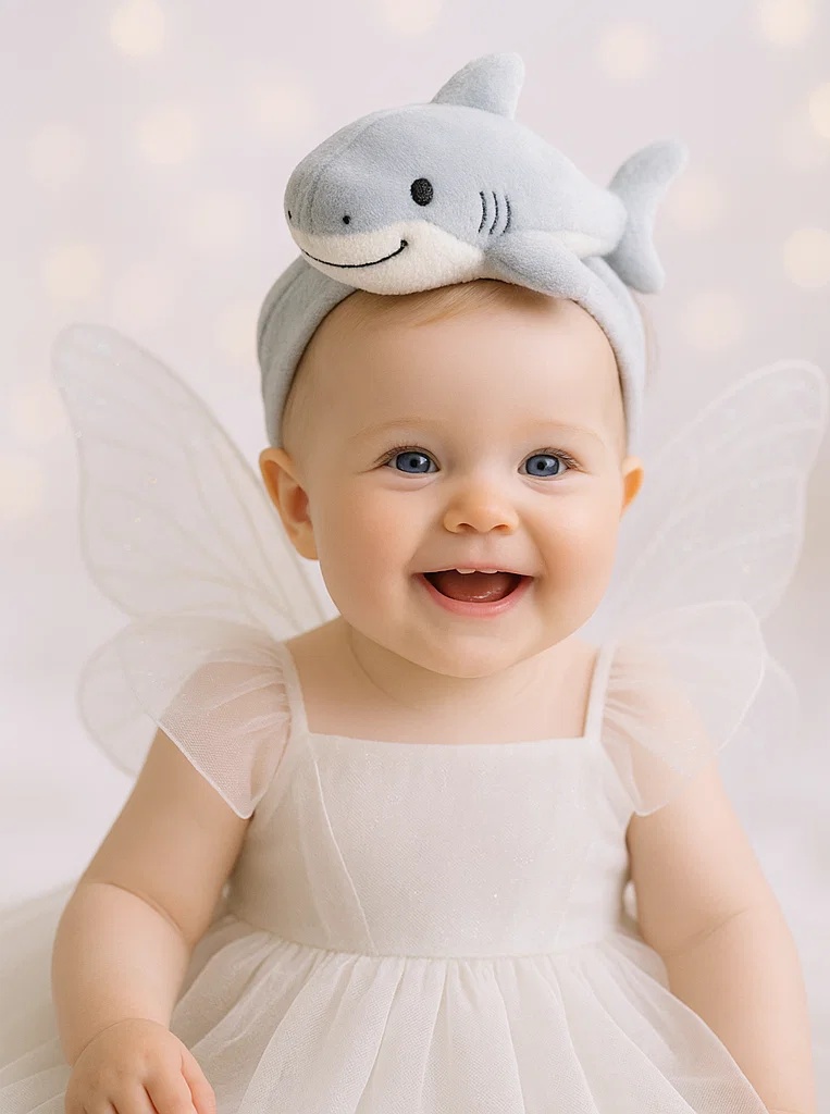 Bentiță pentru bebeluși cu decorațiune detașabilă – rechin gri drăguț pentru poze