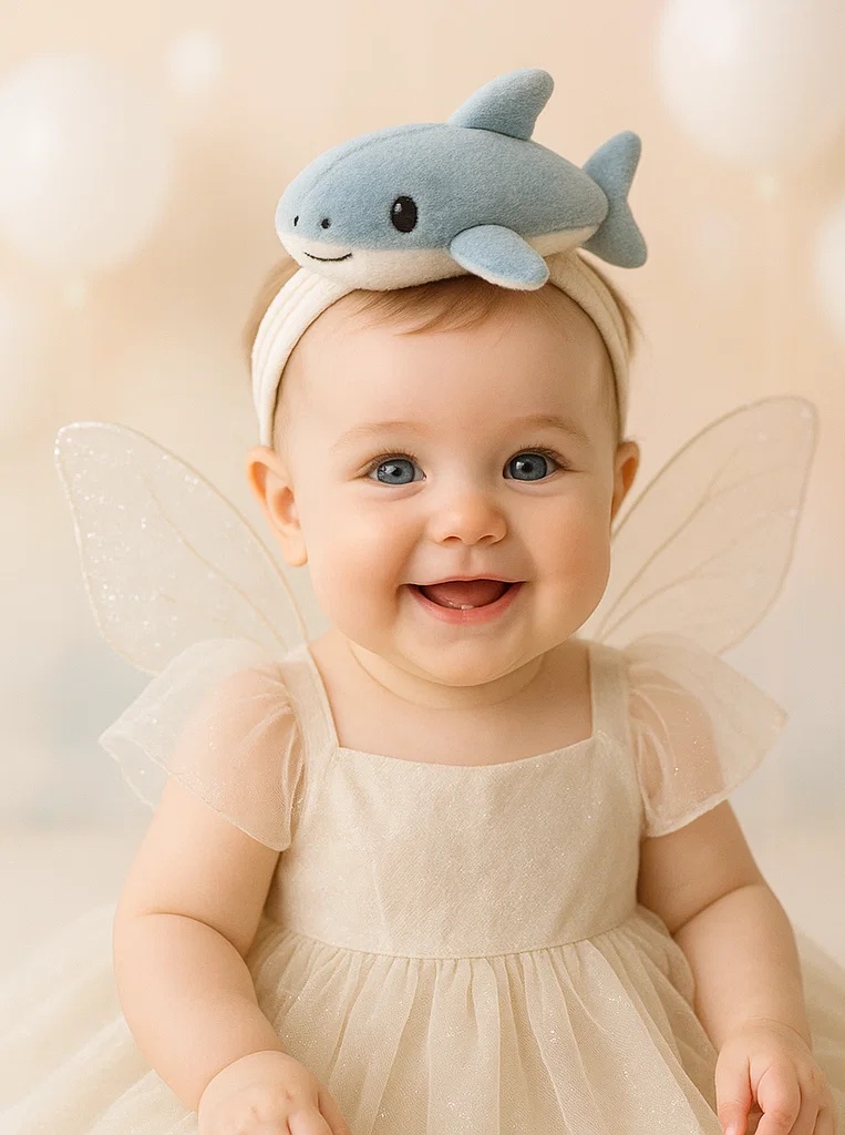 Tiara para bebê com enfeite removível – tubarão azul fofo para ensaio fotográfico