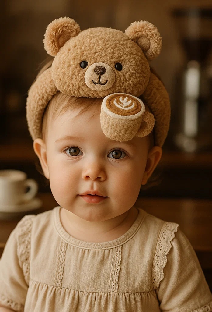 Baby Headband with Teddy Bear and Coffee Cup for a Trendy Baby Look