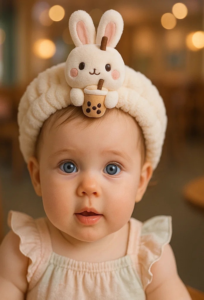 Bunny Headband with Bubble Tea for a Cute and Playful Baby Look