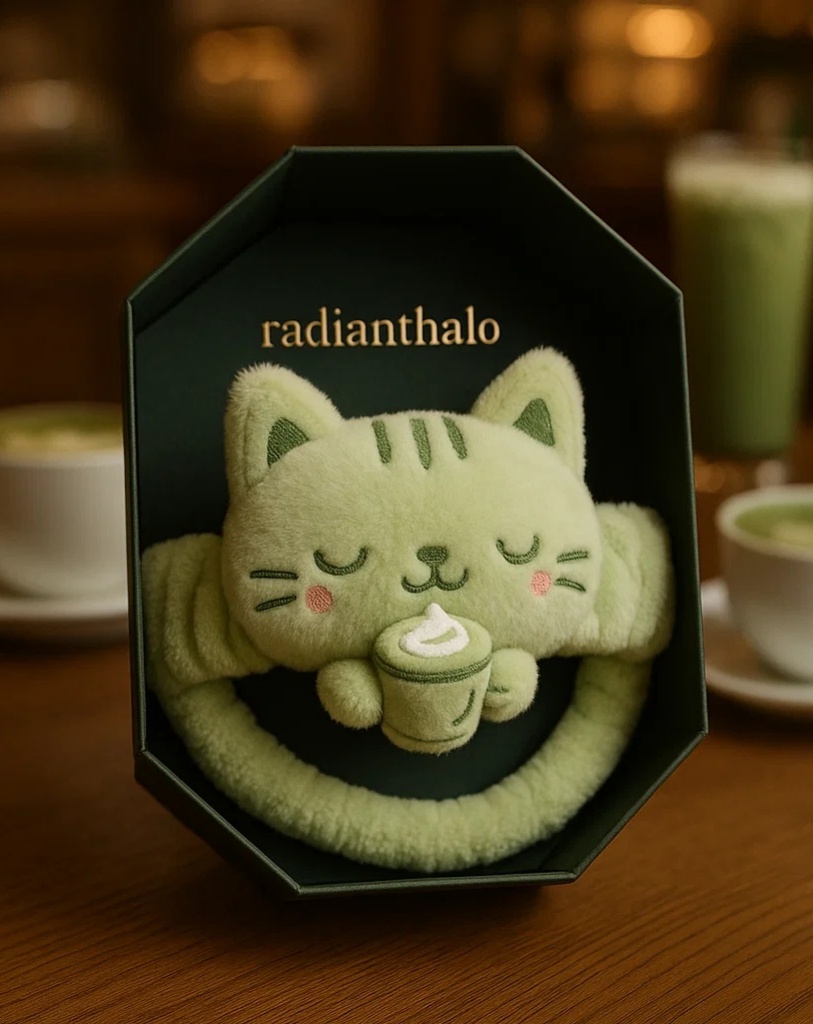 Plush Green Cat Headband for Babies with Coffee Cup Detail