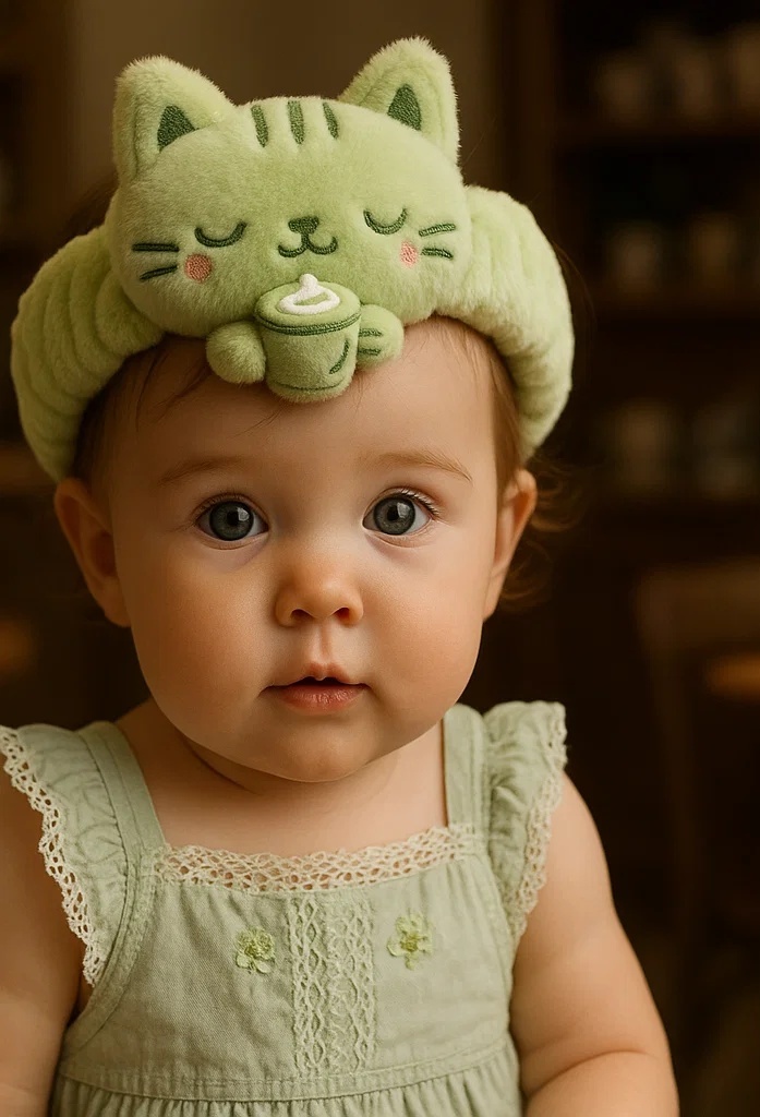 Plush Green Cat Headband for Babies with Coffee Cup Detail