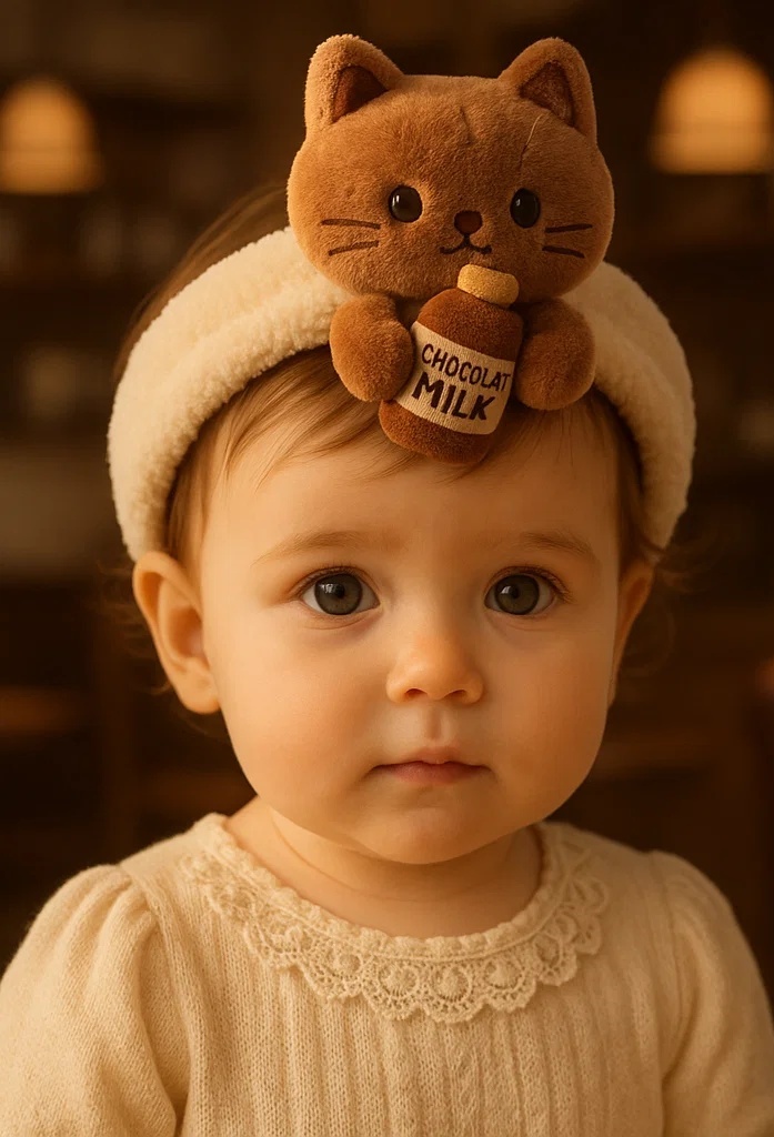 Choco Cat Plush Headband with Milk Bottle – Baby Gift Must-Have
