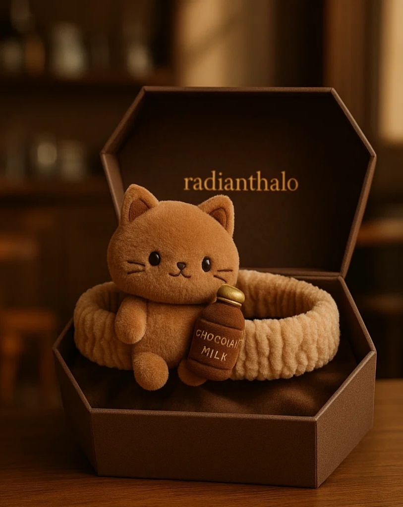 Cute Chocolate Cat Headband with Milk Bottle – Cozy and Playful
