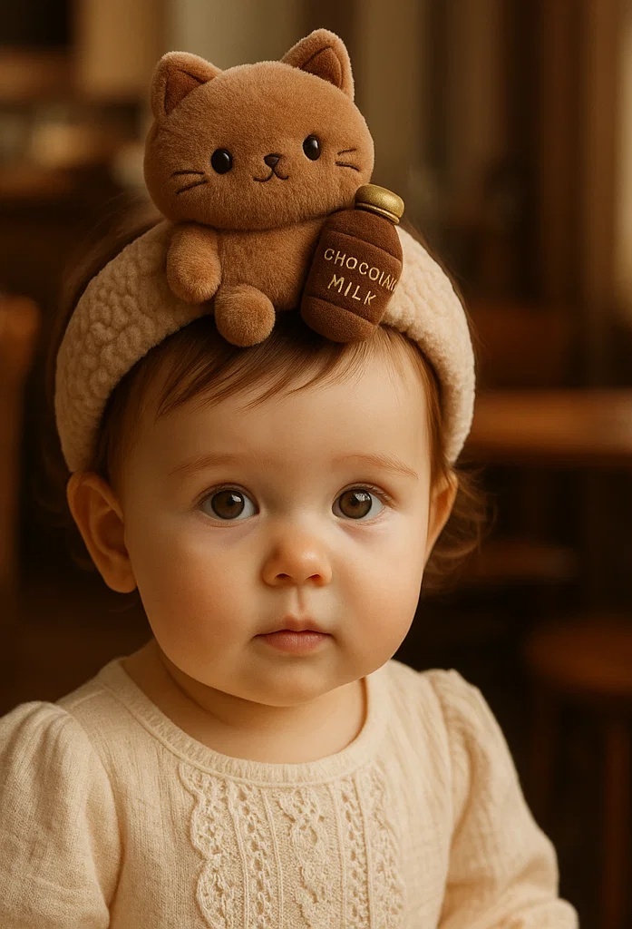 Cute Chocolate Cat Headband with Milk Bottle – Cozy and Playful