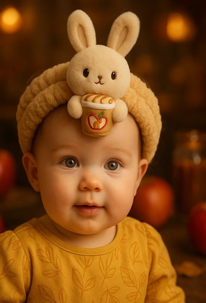 Adorable Baby Headbands with Plush Bunny and Caramel Apple Cup – Removable for Seasonal Fun