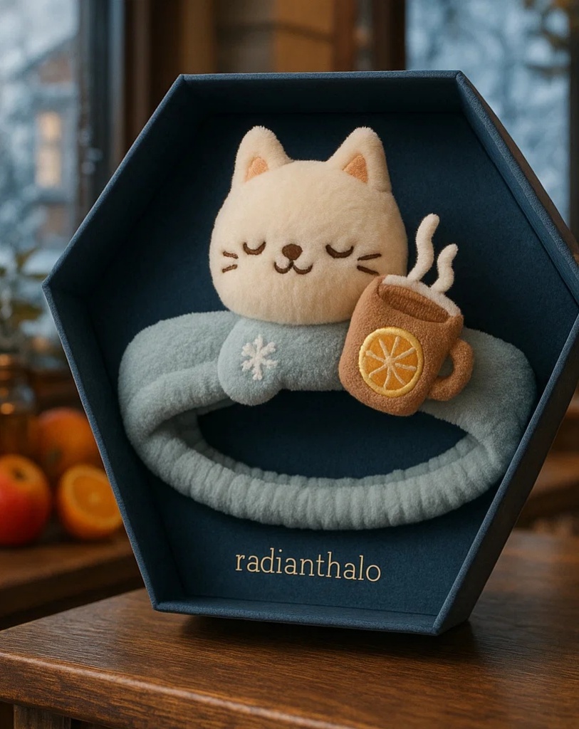 Winter Cat Headband for Babies with Snowflakes and Warm Drink