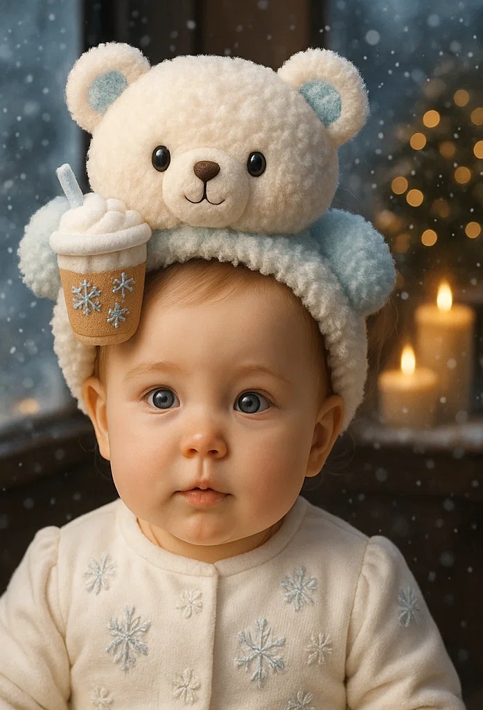 Cute Polar Bear Headband with Winter Drink: Perfect for Cold Weather Photos