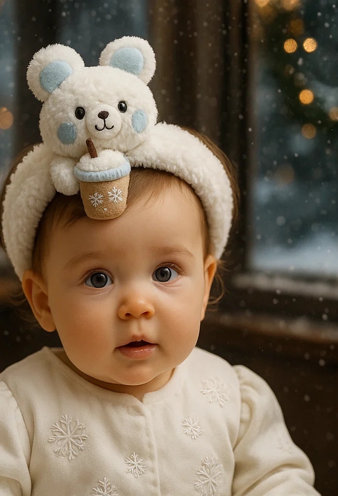 Cozy Winter Bear Baby Headband with Hot Drink: Perfect for Holiday Photos