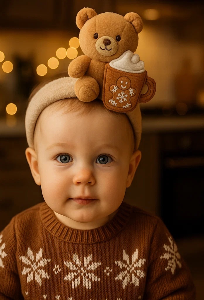 Gingerbread Bear Baby Headband with Hot Cocoa: Ideal for Winter Moments