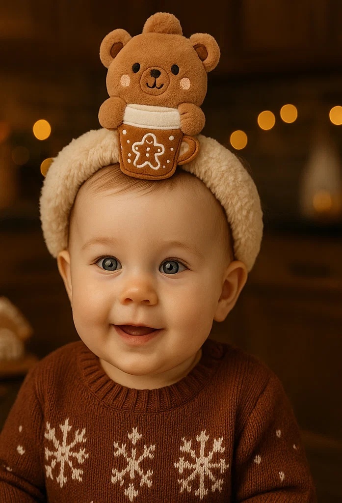 Cozy Winter Bear Baby Headband with Gingerbread Mug: Perfect for the Holidays