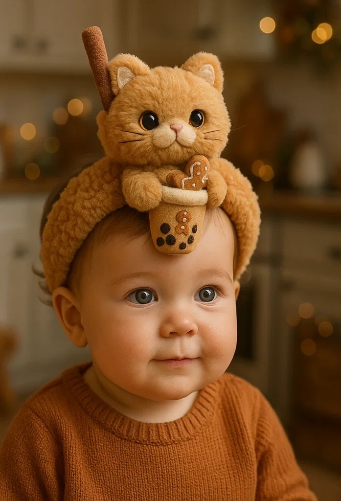 Gingerbread Kitten Baby Headband with Hot Drink: A Sweet Holiday Gift