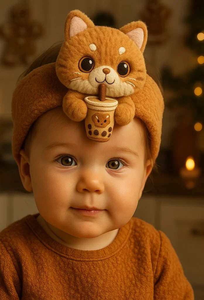 Cute Kitten Baby Headband with Brown Sugar Drink: Ideal for Winter Photos