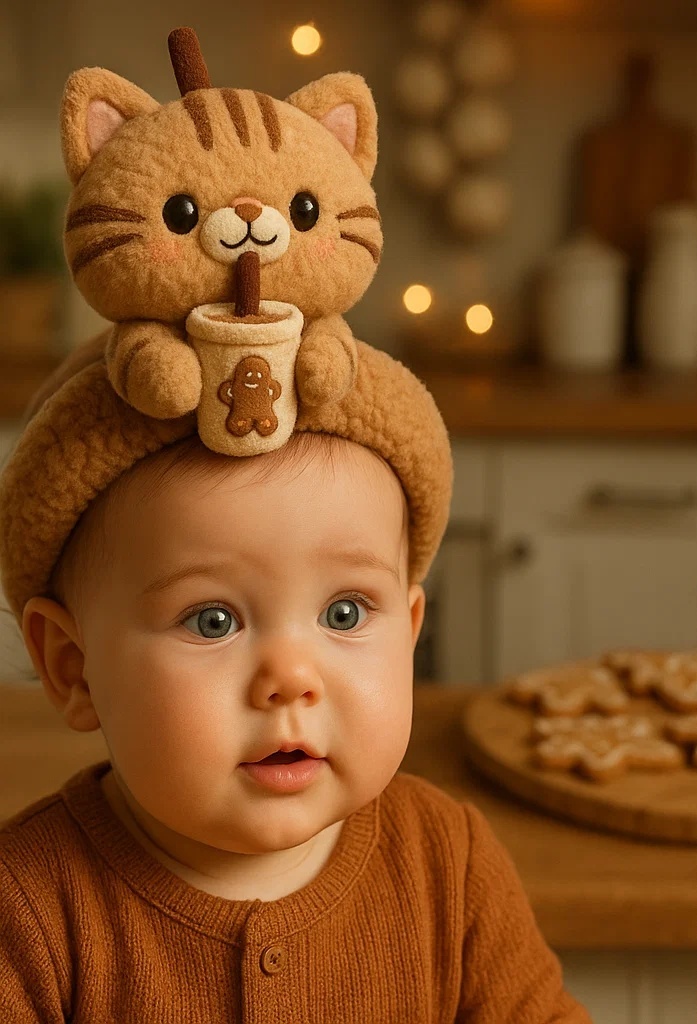 Gingerbread Kitten Baby Headband with Hot Drink: A Cozy Holiday Gift