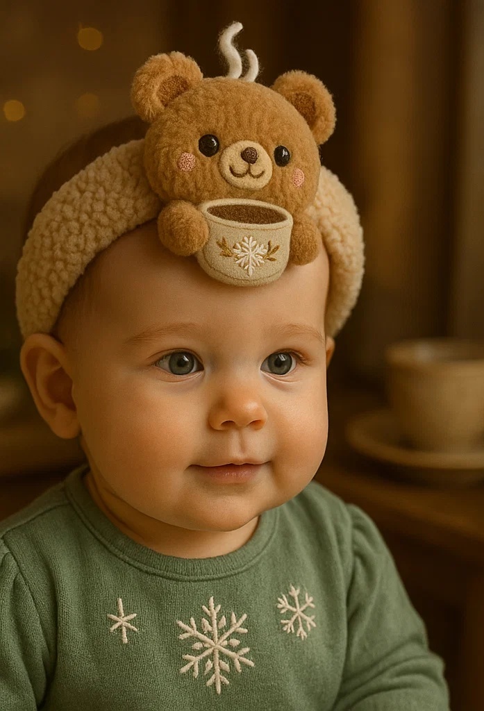 Winter Bear Baby Headband with Hot Drink: Perfect for Snowy Day Photos