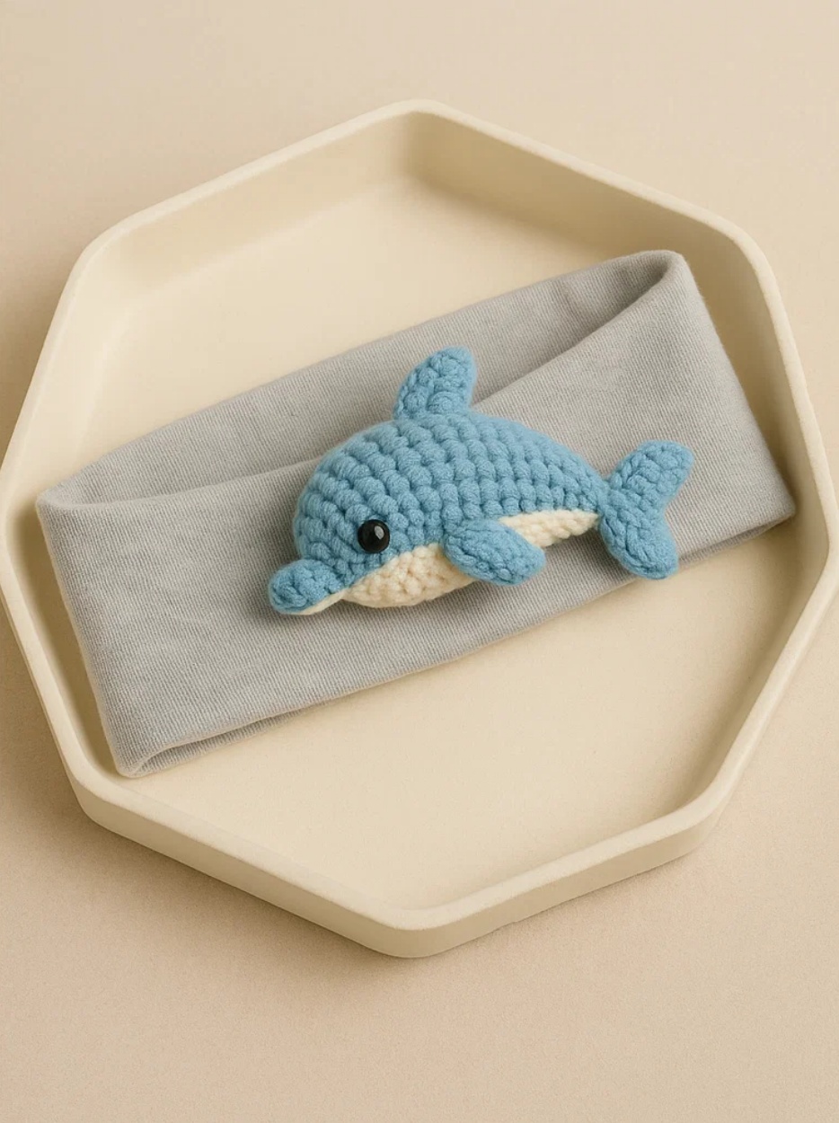 Elastic Baby Headband with Blue Dolphin Plush – Cuddly Headwear