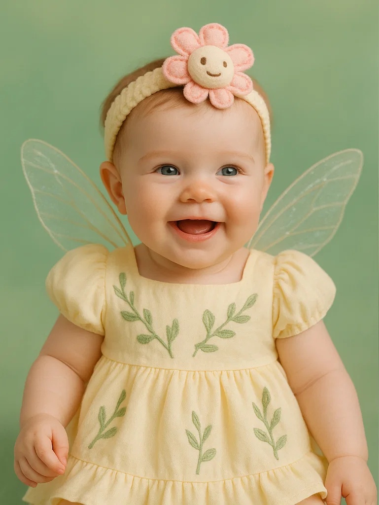 Ensemble photo bébé avec ailes fleuries – bandeau et robe adorables pour bébé