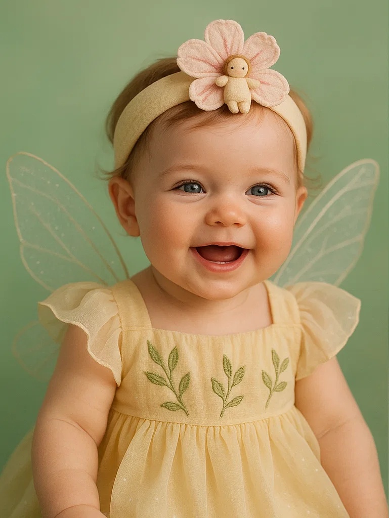 Conjunto fotográfico para bebê com asas de flor – tiara e vestido adoráveis