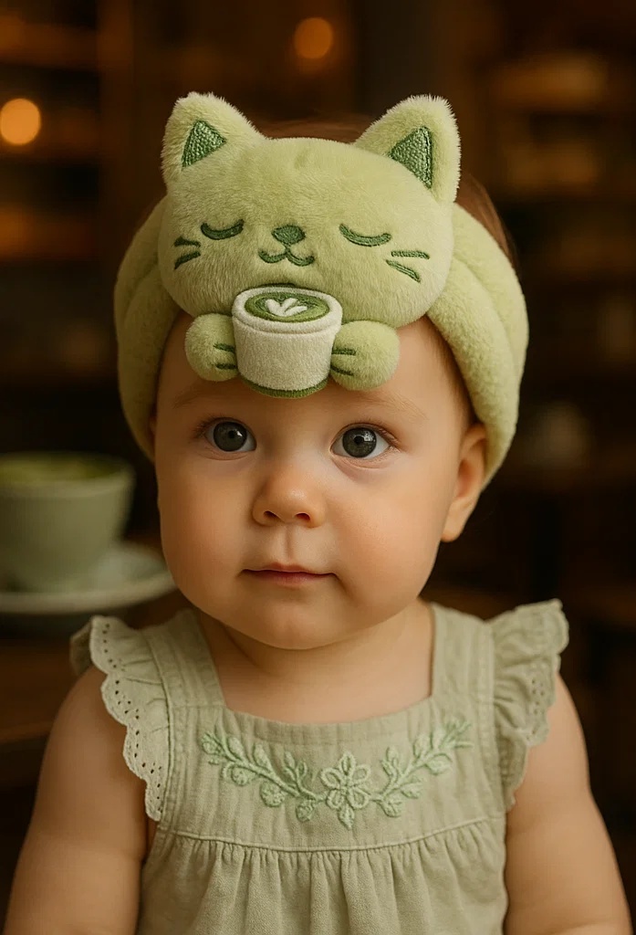 Cute Green Cat Headband with Coffee Cup for Babies