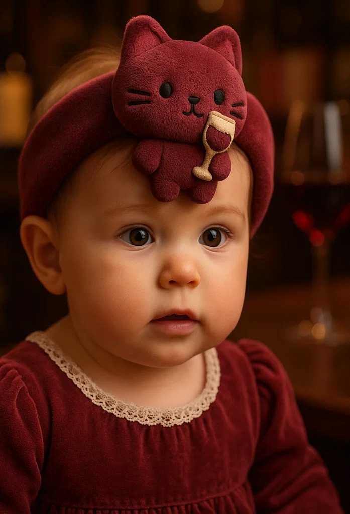 Wine Red Cat Baby Headband with Wine Glass
