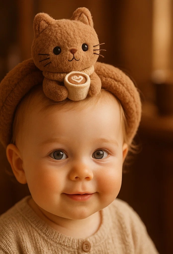 Charming Brown Bunny Baby Headband with a Coffee Cup Detail – Ideal for Cozy Photoshoots