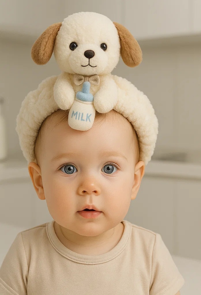 Cute Puppy Baby Headband with Milk Bottle – Soft and Comfortable for Newborn Babies