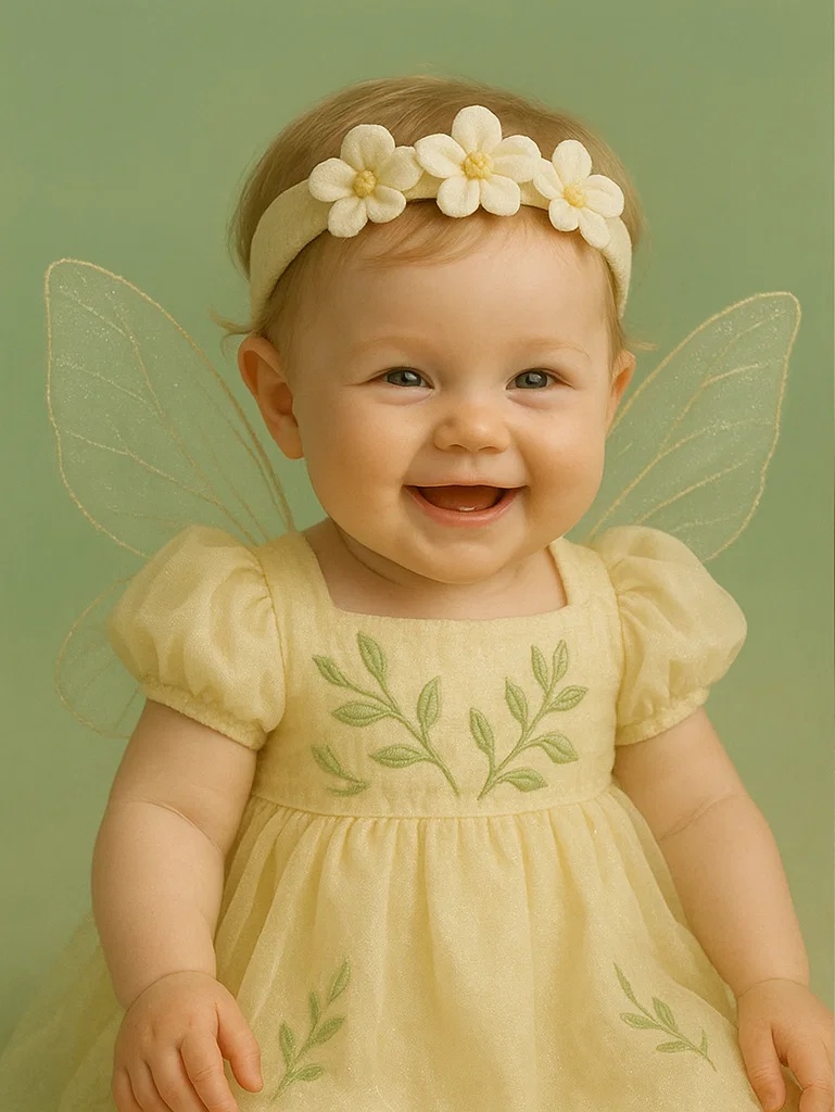 Set foto pentru bebeluși cu aripi de flori – bentiță și rochiță drăguță