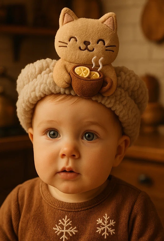 Cute Cat Baby Headband with Hot Drink Design – Ideal for Winter Baby Photos