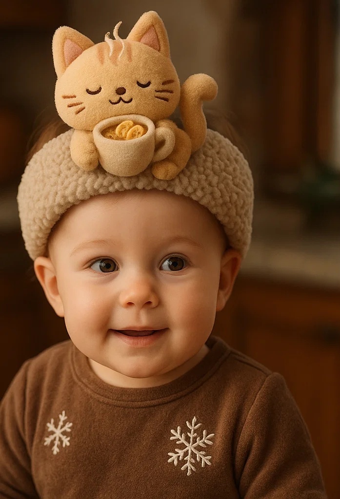 Cozy Cat Baby Headband with a Warm Drink – Perfect for Autumn Photoshoots
