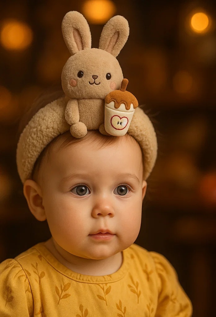 Charming Bunny Baby Headband with Autumn Drink Design – Ideal for Cozy Fall Moments