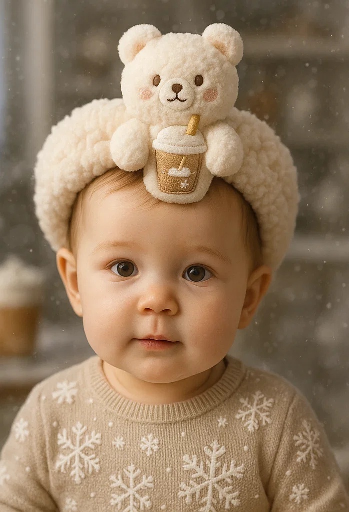Adorable Cat Baby Headband with Hot Drink and Cozy Design – Perfect for Seasonal Photoshoots